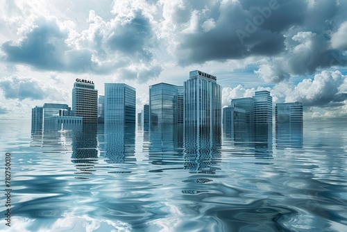 Urban Landscape Submerged in Water with "GLOBAL WARMING" Reflection, Portraying the Devastating Effects of Rising Sea Levels and Environmental Chaos.
