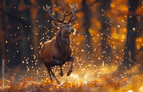 A graceful deer leaping through the forest, with a blurred background © Venka