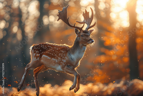 A graceful deer leaping through the forest, with a blurred background