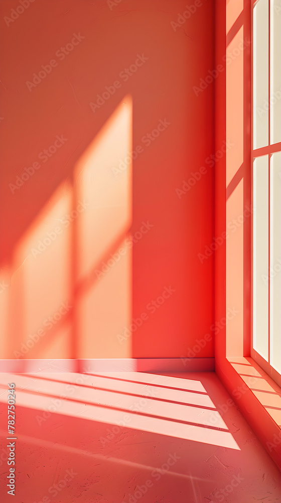 A room with a red wall and a window. The window is letting in sunlight, creating a warm and inviting atmosphere A room with a red wall and a window. The window is letting in sunlight, creating a warm and inviting atmosphere