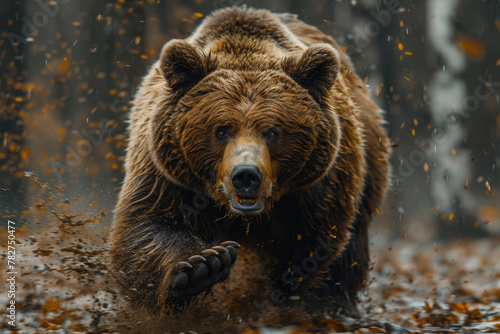 A powerful bear in motion, captured with a blurred background for a sense of speed and energy