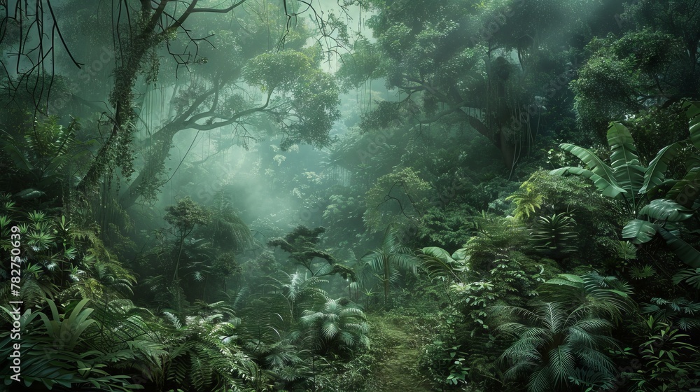 View Rainforest Background for International Day of Forests. The mystical nature of the rainforest. Beautiful nature landscape.