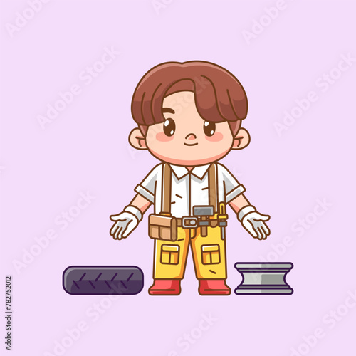 Cute mechanic offer tire with tool at workshop kawaii chibi character mascot illustration outline style design