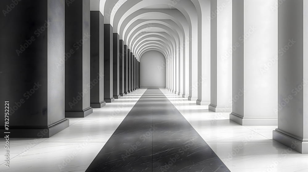 3d rendering of black and white corridor with columns and floor tiles
