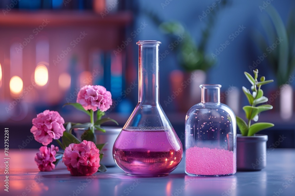 Three Flasks Filled With Pink Liquid and Flowers. Generative AI Three Flasks Filled With Pink Liquid and Flowers. Generative AI