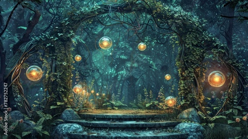 A mystical podium featuring an enchanted garden with glowing orbs and twisted vines evoking the enchanting spirit of a midsummer nights . .