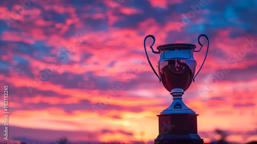 Trophy silhouette against a sunset sky, Golden Cup Soccer Design. generative ai 