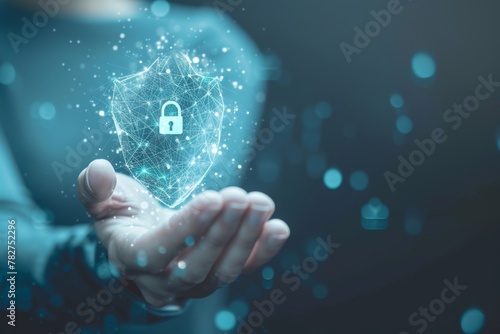 Cyber security data protect and privacy concept, businessman protects personal data on virtual screen, internet network security technology, cyber security