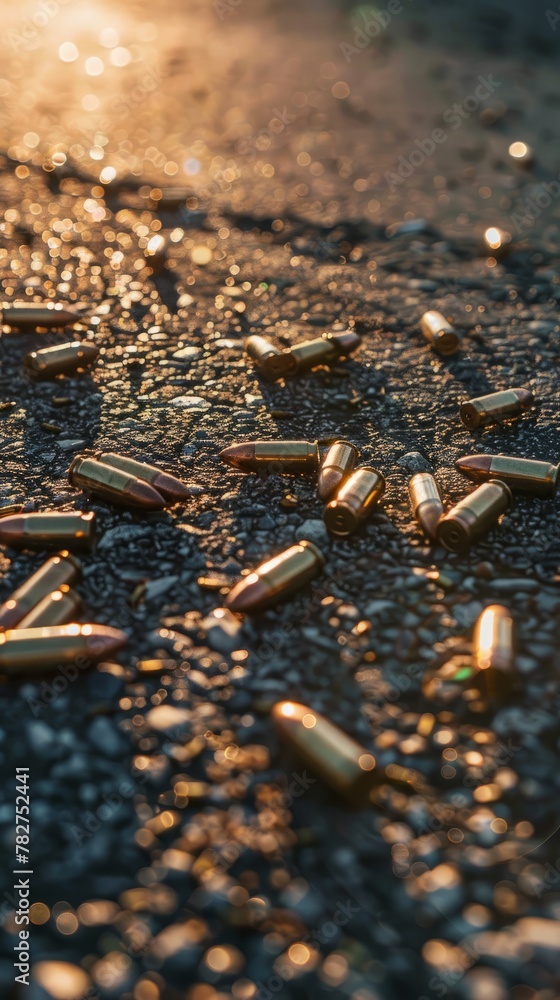 Collection of empty bullet casings scattered on the ground, creating a textured backdrop Collection of empty bullet casings scattered on the ground, creating a textured backdrop