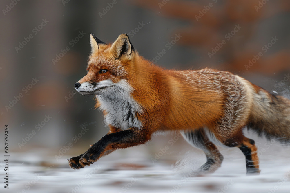 Fototapeta premium A vibrant red fox dashing through the forest