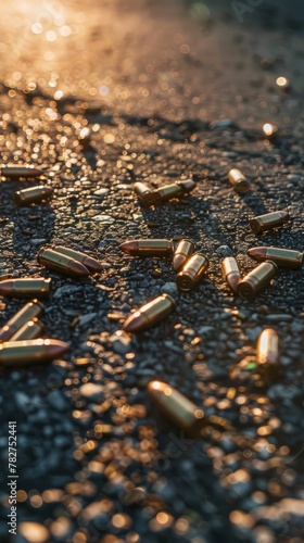 Collection of empty bullet casings scattered on the ground, creating a textured backdrop