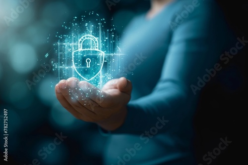 Cyber security data protect and privacy concept, businessman protects personal data on virtual screen, internet network security technology, cyber security