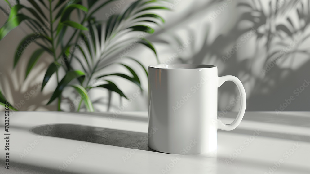 White ceramic mug on countertop with natural light casting shadows of houseplants, symbolizing eco-friendly living, Concept of sustainability and green lifestyle White ceramic mug on countertop with natural light casting shadows of houseplants, symbolizing eco-friendly living, Concept of sustainability and green lifestyle