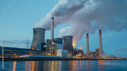 An industrial power plant with towering smokestacks emits steam and smoke beside a water body at dusk