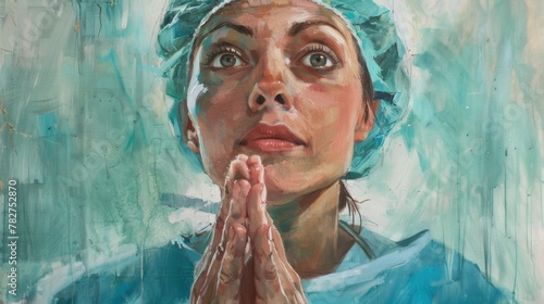 An artistic portrait of a surgeon her hands raised in a prayerlike position as she takes a moment to collect her thoughts and draw strength before a delicate . . photo