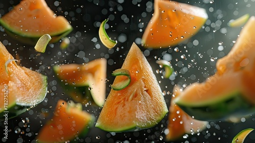 A dynamic composition of melon slices being tossed in the air photo
