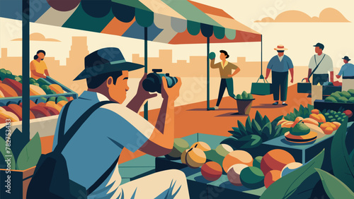 Sitting at the edge of a crowded market a photographer snaps pictures of the vibrant array of produce and products on display. The expressive