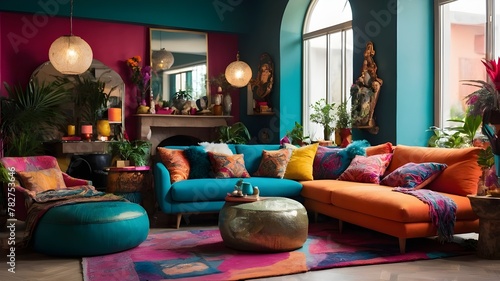 A cozy and eclectic living room, filled with vibrant colors and unique decor pieces, rendered in a whimsical and dreamy style. To