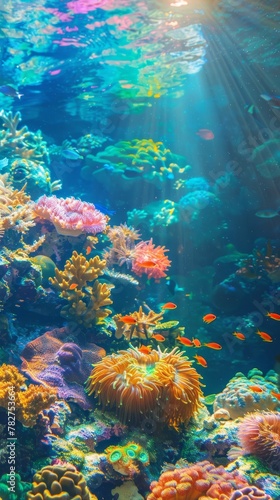 A vibrant and diverse coral reef teeming with marine life underwater. Wallpaper. Background. © keystoker