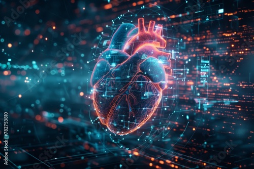 Futuristic Transparent Hologram of Human Heart with Health Data Points Floating Around, Showcasing Advanced Medical Technology and Monitoring Concept.