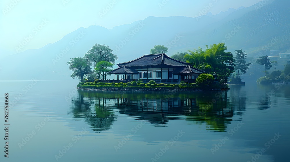 Obraz premium Serene Discovery: Unveiling Hidden Treasures in Lake Biwa's Tranquil Waters.