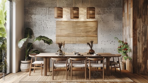 In a dining room the woven wall art serves as a beautiful backdrop for a family meal. The earthy tones of the design complement the warm wooden dining table while the textured fabric .