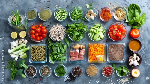 A creative top-down composition of a meal prep process with a variety of organic vegetables  grains  and proteins  ready for cooking