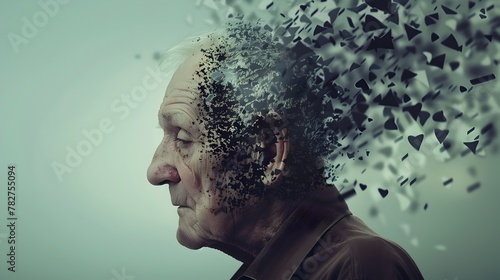 Elderly man's profile and face gradually dissolving into nature as a metaphor for the progressive decline in cognitive function associated with