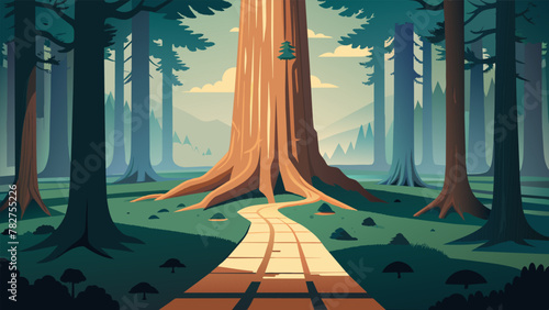A map carved into the trunk of a sy redwood tree with intricate paths and symbols leading towards the trees highest branches. Adventurers brave