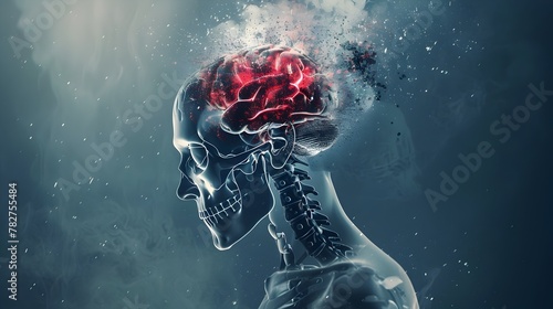 Traumatic Brain Injury Metaphor Represented by Skull with Exploding Rose Brain description:This digital artwork depicts a metaphorical representation photo