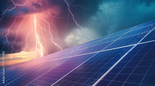 Blitzeinschlag in Solarzelle Photovoltaikanlage in Einfamilienhaus Blitzableiter Versicherung bei Hausbrand durch Blitzschlag Generative AI