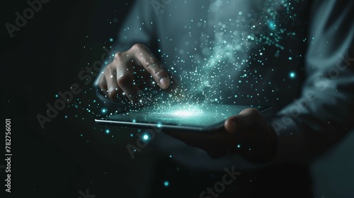 Realtor holding a tablet or smartphone with AI algorithms flowing around them, symbolizing the seamless integration of technology in their daily operations