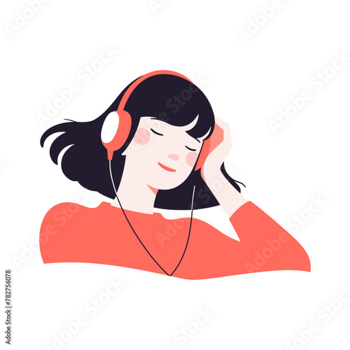 ヘッドフォンで音楽を聴く女性、赤