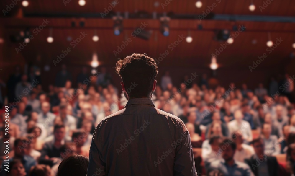 Speaker facing audience in a conference hall Speaker facing audience in a conference hall