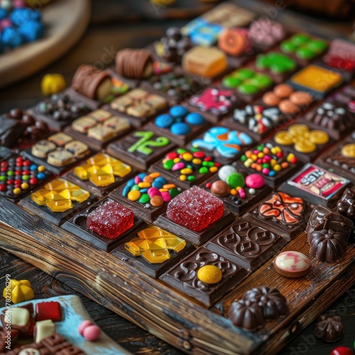A board game come to life, with spaces of different flavored squares and tokens of miniature candy pieces. © AI Farm