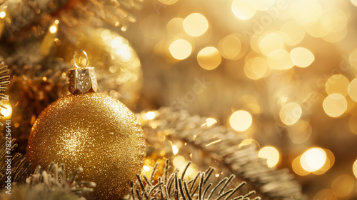 Close-up of a glittering golden Christmas bauble hanging amidst the warm golden lights of a decorated tree photo