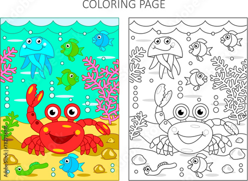 Color by sample. Coloring page with crab and underwater scene of sea life. 