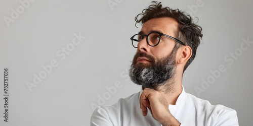Pensive Scientist Evaluating Ethical Implications with Thoughtful Gaze photo