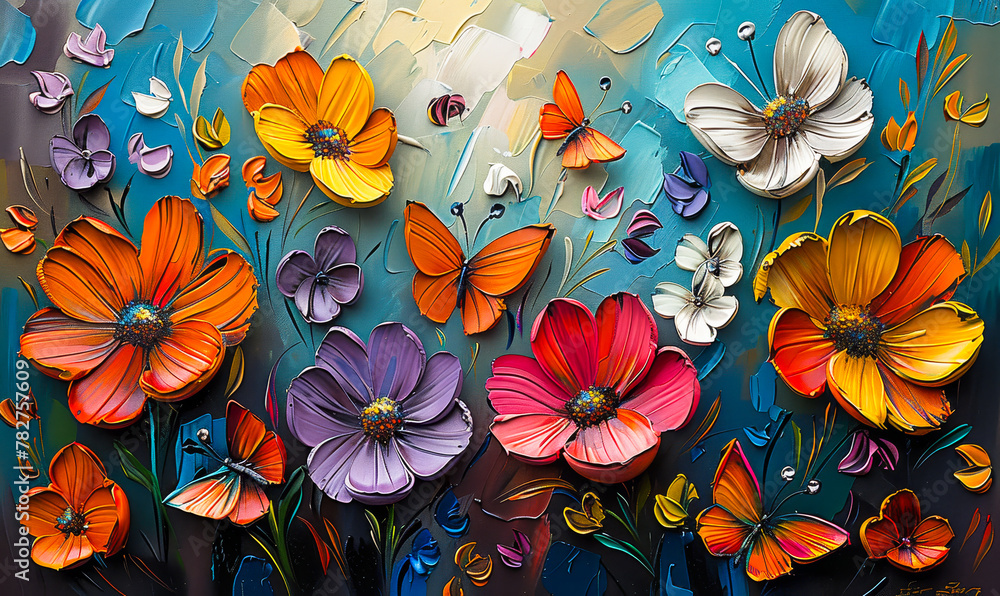 Fototapeta premium Oil Painted Vivid Orange Butterflies and Lush Floral Array - Summery Artistic Backdrop