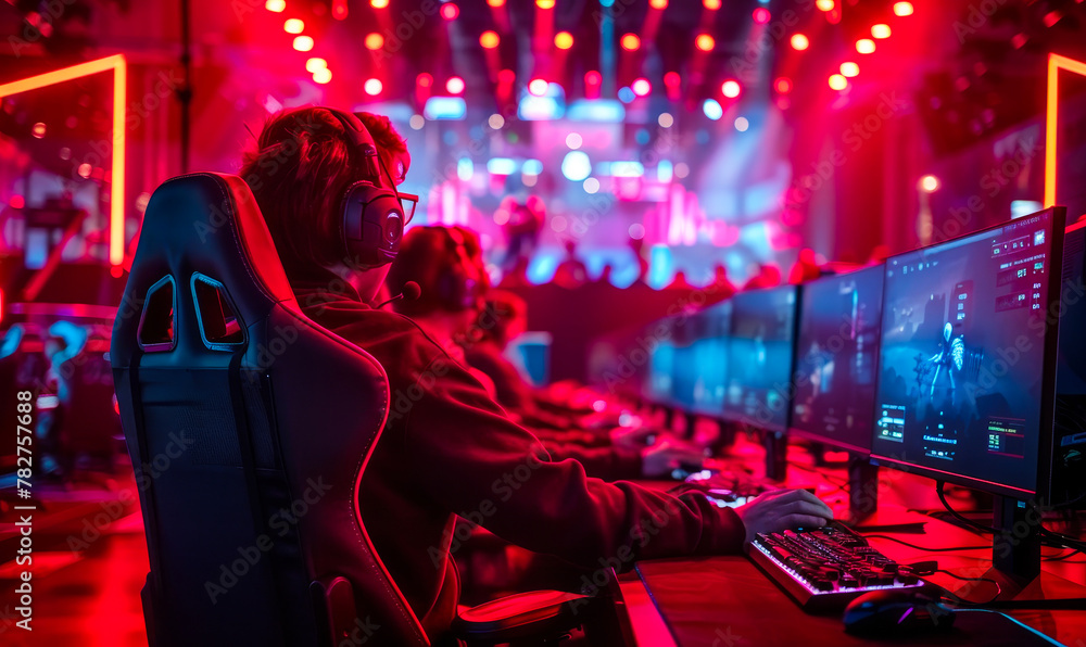 Gaming Championship Ambiance - Focused Players in Neon-Lit Contest - E-Sports Championship Thrill Gaming Championship Ambiance - Focused Players in Neon-Lit Contest - E-Sports Championship Thrill