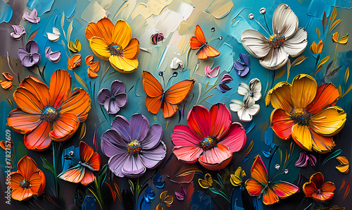 Oil Painted Vivid Orange Butterflies and Lush Floral Array - Summery Artistic Backdrop © Bartek