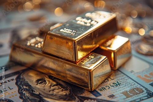 Background image of gold bars placed on banknotes, gold price trading concept. photo