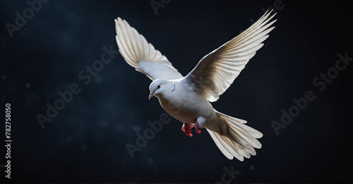 white dove flying on a dark background, flying white dove symbol of peace