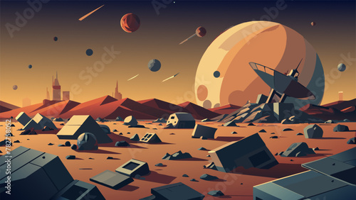A jumbled landscape of wreckage paints a grim picture in the depths of space. The tered remains of spacecrafts and satellites bear the scars of