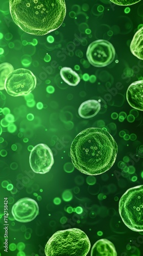 Cells or bubbles depicted as floating in a green-hued space. Wallpaper. Background.