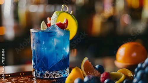 a blue drink with a garnish and fruit on the side of it  with a garnish garnish on the side of the glass and a garnish on the side