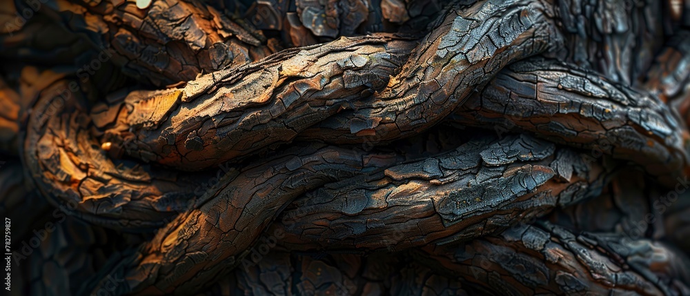 Twisted vine wrapping tree trunk, close up, detailed texture, natural lighting Twisted vine wrapping tree trunk, close up, detailed texture, natural lighting
