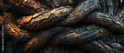 Twisted vine wrapping tree trunk, close up, detailed texture, natural lighting