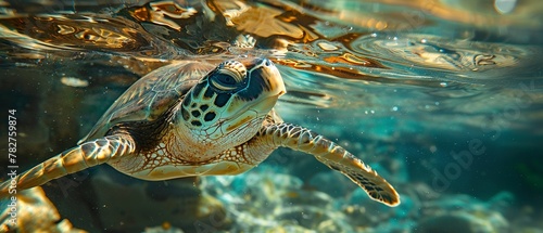 Turtle underwater, close up, shell patterns, clear water, soft light, detailed