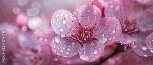 Spring cherry blossoms, close up, soft pink petals, dew drops, morning light